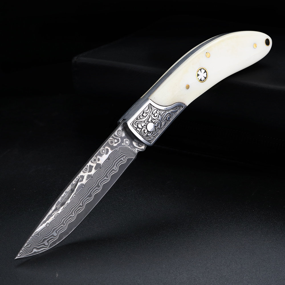 Bone Folder Tool - Coltello pieghevole in acciaio Damasco con